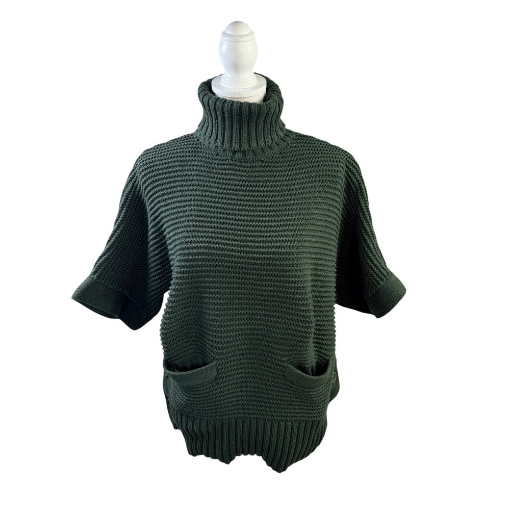 JCrew Women's Oversized 3/4 Sleeve Sweater Green Cable Knit Mock Neck Size S